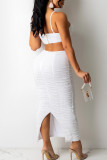 White Sexy Solid Hollowed Out Patchwork Frenulum Fold Zipper Spaghetti Strap Sling Dress Dresses