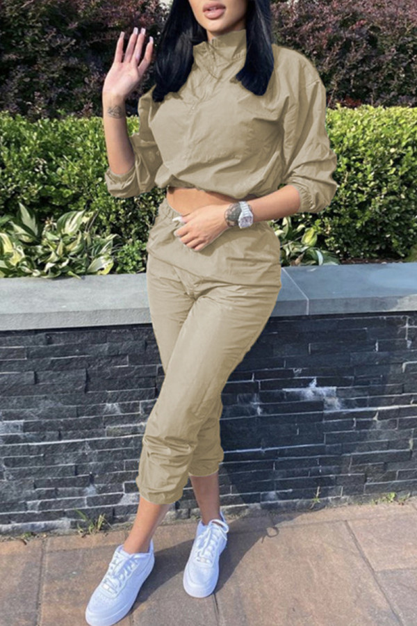 Apricot Fashion Casual Solid Basic Turtleneck Long Sleeve Two Pieces