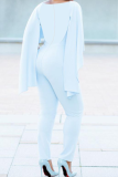 Light Blue Casual Patchwork O Neck Skinny Jumpsuits