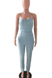 Baby Blue Casual Solid Split Joint With Belt Spaghetti Strap Sleeveless Skinny Denim Jumpsuits
