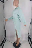 Light Blue Casual Solid Patchwork Hooded Collar Straight Dresses