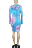 Blue Purple Casual Print Tie Dye Split Joint Hooded Collar Straight Plus Size Dresses