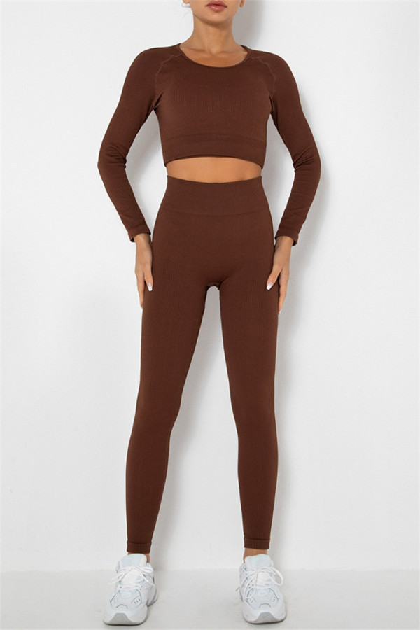 Coffee Casual Sportswear Solid Basic O Neck Long Sleeve Two Pieces