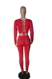 Red Sexy Solid Hollowed Out O Neck Long Sleeve Two Pieces