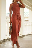 Orange Casual Tank Sleeveless O Neck Asymmetrical Mid Calf Solid Dresses
