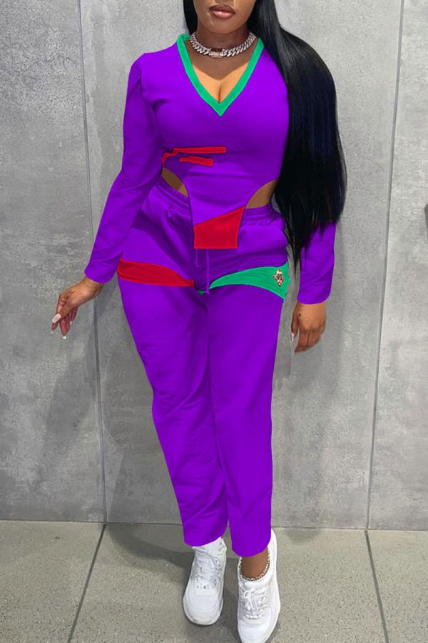 Purple Casual Print Patchwork Asymmetrical V Neck Long Sleeve Two Pieces