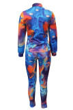 Blue Orange Fashion Casual Print Patchwork Turndown Collar Long Sleeve Two Pieces