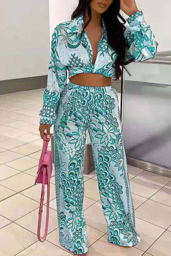Fluorescent Green Fashion Casual Print Basic Turndown Collar Long Sleeve Two Pieces