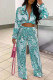 Fluorescent Green Fashion Casual Print Basic Turndown Collar Long Sleeve Two Pieces