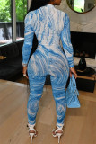 Blue Fashion Casual Print Basic Zipper Collar Skinny Jumpsuits