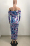Multicolor Elegant Print Tie Dye Patchwork Off the Shoulder Pencil Skirt Dresses