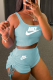 Light Blue Sexy Print Patchwork O Neck Sleeveless Two Pieces