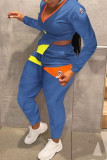 Blue Casual Print Patchwork Asymmetrical V Neck Long Sleeve Two Pieces