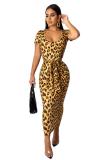 Leopard print adult Sexy Fashion Cap Sleeve Short Sleeves Square Step Skirt Ankle-Length Leopard Patchwo