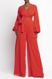 Red Fashion Casual Solid Bandage V Neck Long Sleeve Two Pieces
