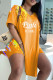 Orange Fashion Casual Letter Print Slit V Neck Short Sleeve Two Pieces