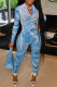 Blue Fashion Casual Print Basic Zipper Collar Skinny Jumpsuits