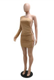 Khaki Sexy Hot Drilling Hollowed Out Backless Oblique Collar Long Sleeve Dresses