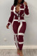 Red Casual Striped Print Patchwork Buckle Turndown Collar Long Sleeve Two Pieces