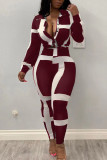 Red Casual Striped Print Split Joint Buckle Turndown Collar Long Sleeve Two Pieces