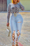 Baby Blue Fashion Casual Solid Bandage Hollowed Out High Waist Regular Jeans(Without Belt)