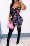 Colour Sexy Print Patchwork Spaghetti Strap Pencil Skirt Dresses