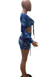 Blue Sexy Print Patchwork Frenulum Fold V Neck Long Sleeve Two Pieces
