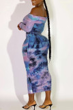 Multicolor Elegant Print Tie Dye Patchwork Off the Shoulder Pencil Skirt Dresses