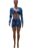Blue Sexy Print Patchwork Frenulum Fold V Neck Long Sleeve Two Pieces
