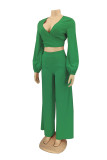 Red Fashion Casual Solid Bandage V Neck Long Sleeve Two Pieces