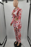 Red Fashion Casual Print Basic Turndown Collar Long Sleeve Two Pieces
