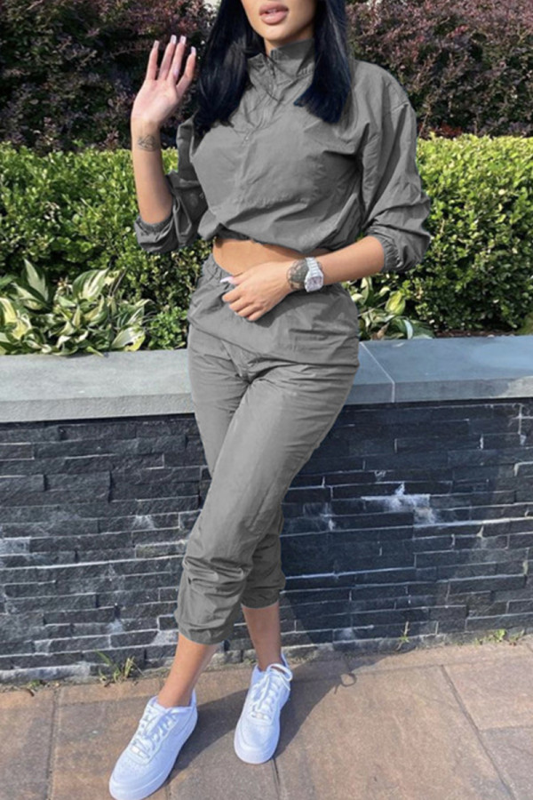 Grey Fashion Casual Solid Basic Turtleneck Long Sleeve Two Pieces