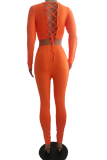 Red Sexy Solid Hollowed Out O Neck Long Sleeve Two Pieces