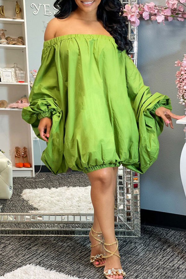 Green Casual Solid Patchwork Off the Shoulder Lantern Dress Dresses