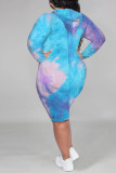 Turquoise Casual Print Tie Dye Split Joint Hooded Collar Straight Plus Size Dresses