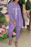 Pink Fashion Casual Print Slit V Neck Long Sleeve Two Pieces