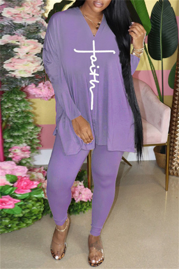 Purple Fashion Casual Print Slit V Neck Long Sleeve Two Pieces