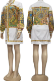 White Yellow Casual Print Patchwork Turndown Collar Shirt Dress Dresses