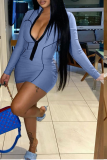 Sky Blue Sexy Solid Patchwork Zipper Collar Pencil Skirt Dresses
