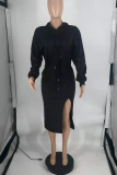 Light Blue Casual Solid Patchwork Hooded Collar Straight Dresses