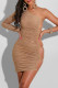 Khaki Sexy Hot Drilling Hollowed Out Backless Oblique Collar Long Sleeve Dresses