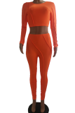 Red Sexy Solid Hollowed Out O Neck Long Sleeve Two Pieces
