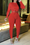 Red Casual Solid Patchwork Frenulum O Neck Long Sleeve Two Pieces
