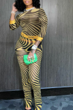 Yellow Sexy Print Patchwork O Neck Long Sleeve Two Pieces