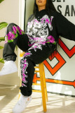 Black Fashion Casual Print Basic O Neck Long Sleeve Two Pieces