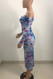 Multicolor Elegant Print Tie Dye Patchwork Off the Shoulder Pencil Skirt Dresses