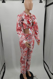 Red Fashion Casual Print Basic Turndown Collar Long Sleeve Two Pieces
