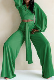 Red Fashion Casual Solid Bandage V Neck Long Sleeve Two Pieces
