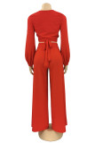 Red Fashion Casual Solid Bandage V Neck Long Sleeve Two Pieces
