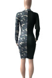 Green Sexy Camouflage Print Patchwork Draw String Fold Asymmetrical V Neck Pencil Skirt Dresses